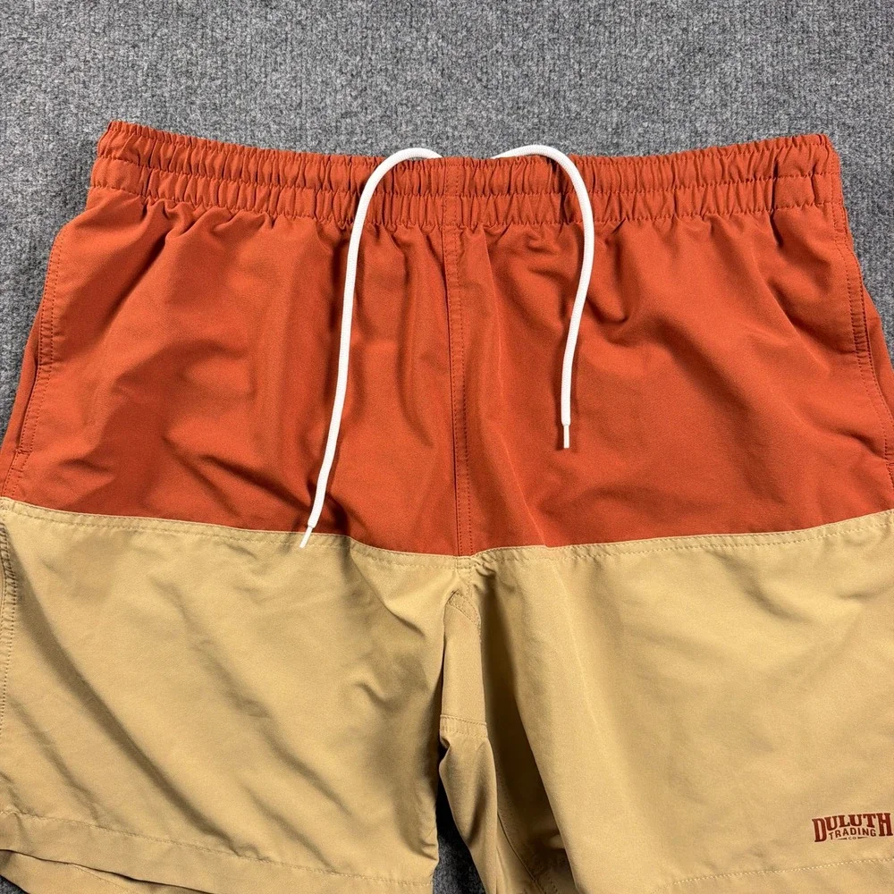 Duluth Trading Co Pier Genius Swim Trunks Mens XL Orange Tan Colorblock 9